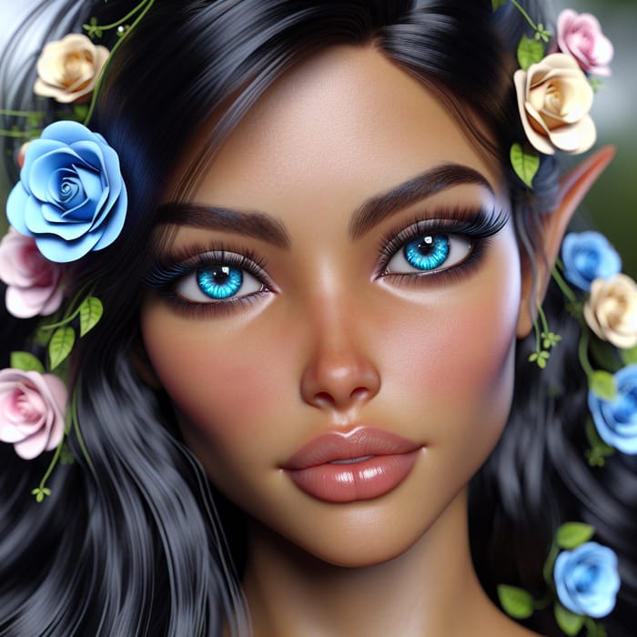 Chingky Blue-Eyed Fairy Woman with Moreno Skin and Rose Adorned Hair