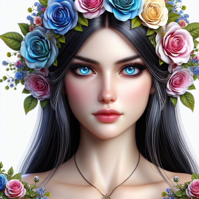 Beautiful Goddess with Fair Skin, Blue Eyes, and Flowery Hairdress