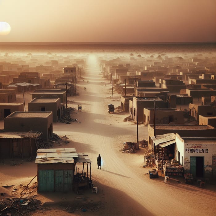 Desolate Small Town with African Shopkeeper at Sunset