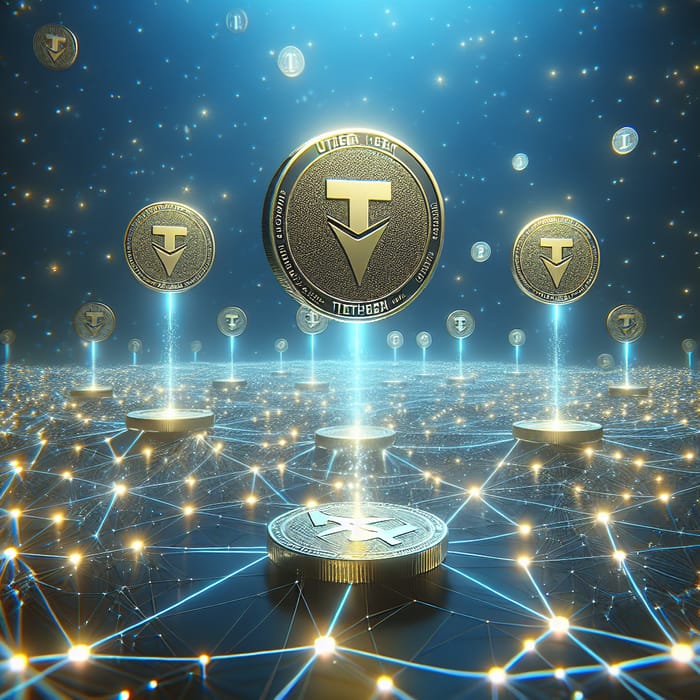 Golden USDT Stablecoin Coins | Blockchain Network Visualized