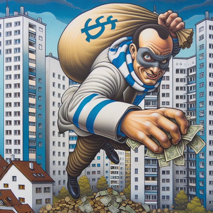 Cartoon Bank Robber with White Blue Scarf Escaping | Munich Plattenbauten Skyline Tattoo