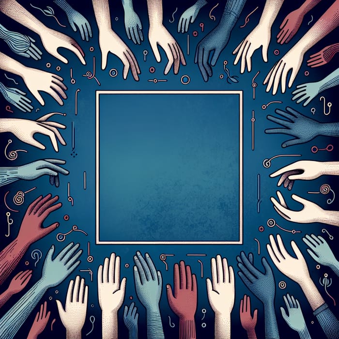 Rectangle Surrounded by Diverse Hands on Blue Background