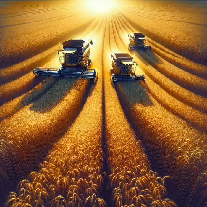 Golden Wheat Field with Harvesters in the Summer Sunlight