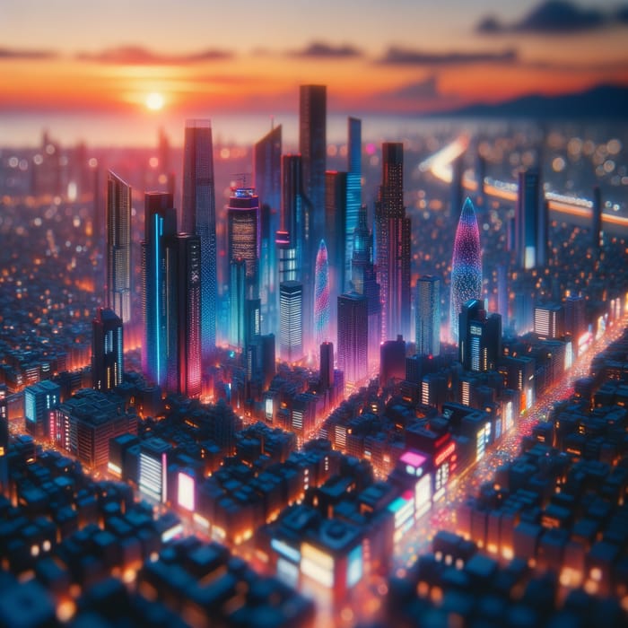 Futuristic Cyberpunk Sunset Cityscape with Neon Lights | Miniature Effect