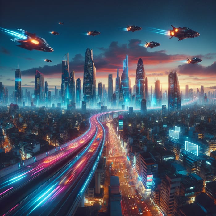 Neon Cyberpunk Cityscape: Dusk Skyline & Flying Cars