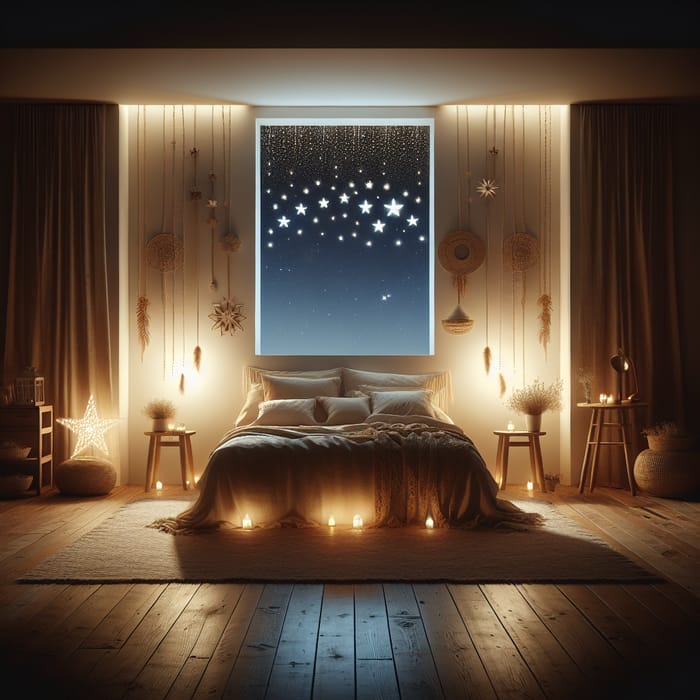 Warm Bohemian Style Bedroom with Double Bed and Serene Starlit Night Ambiance