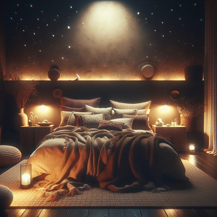 Warm Bohemian Bedroom with Double Bed and Starlit Charm