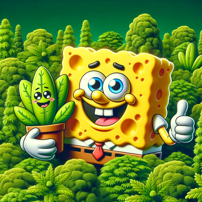 Cheerful Cartoon Sponge Character with Goofy Expression and Green Plants