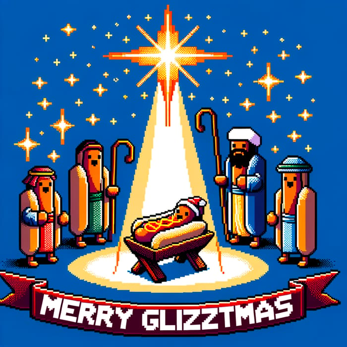 Playful Pixel-Art Nativity Scene with Hotdog Characters | Merry Glizzmas Theme