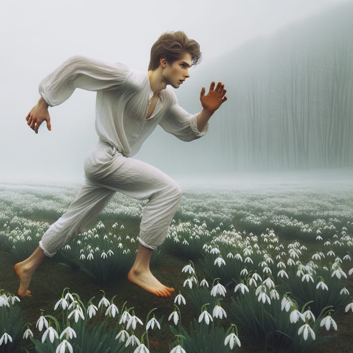Realism Art: Young Man with Blond Hair Running in Foggy Field