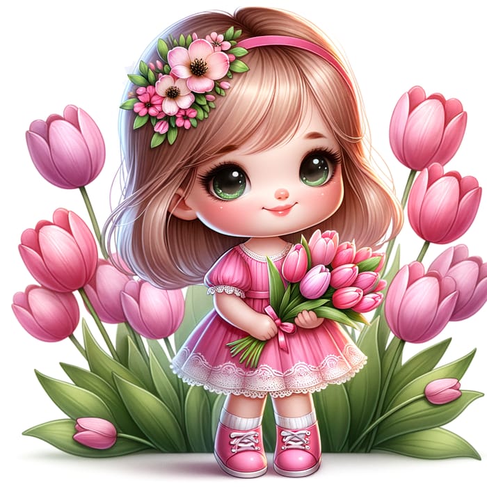 Small Cartoon Girl with Tulips on White Background in Pink Dress
