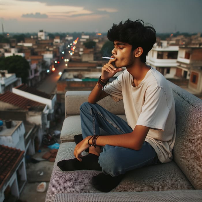 South Asian Boy on Rooftop Sofa Smoking Cigarette