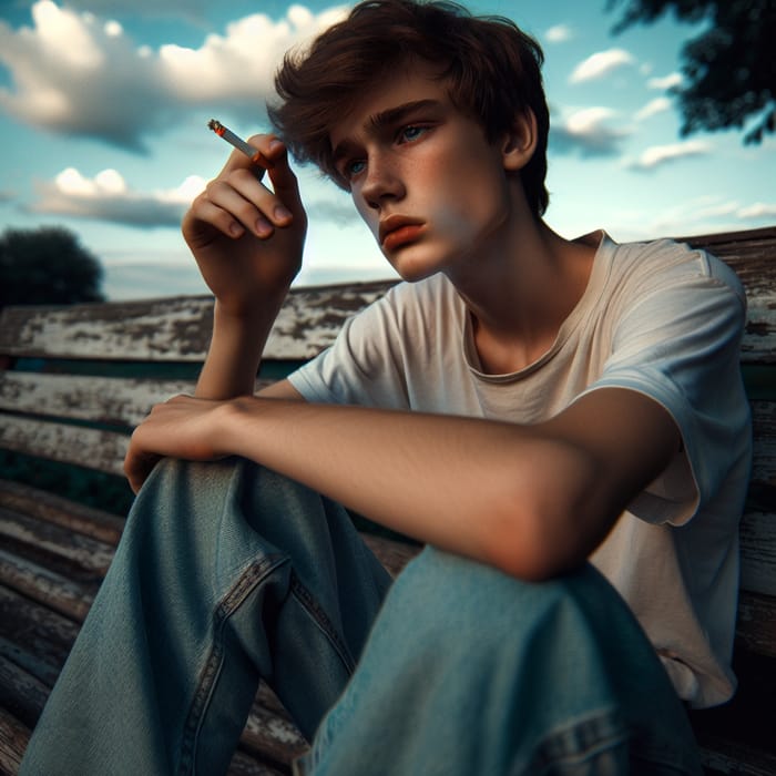 Melancholic Teenager Smoking Cigarette in Park