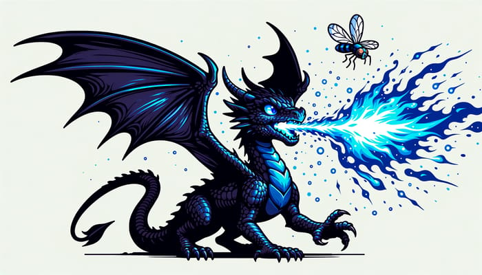 Dark Juvenile Dragon: Blue Fire Engaging Buzzing Fly