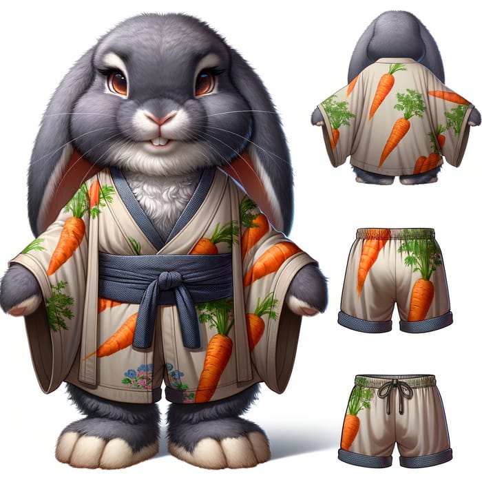 Adorable Smoky Gray Marble-Eyed Lop Rabbit in Kimono