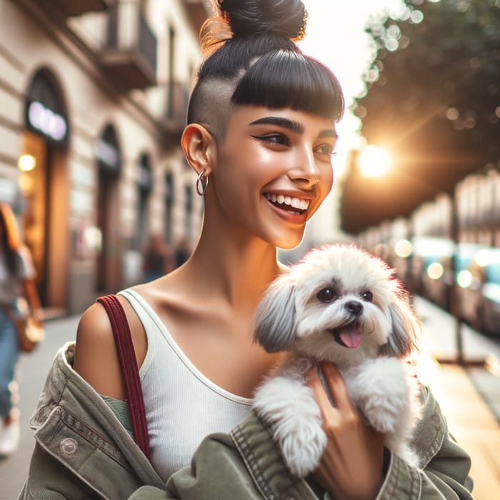 Hispanic Girl Walking Urban Streets with High Undercut and Stylish Bun Carrying Dog