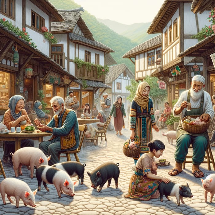 Life in Idyllic Rural Village Center | People and Pigs Interactions
