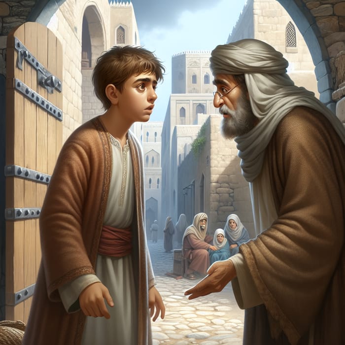 Encounter: Young Boy Enters City Gates in Ancient Era