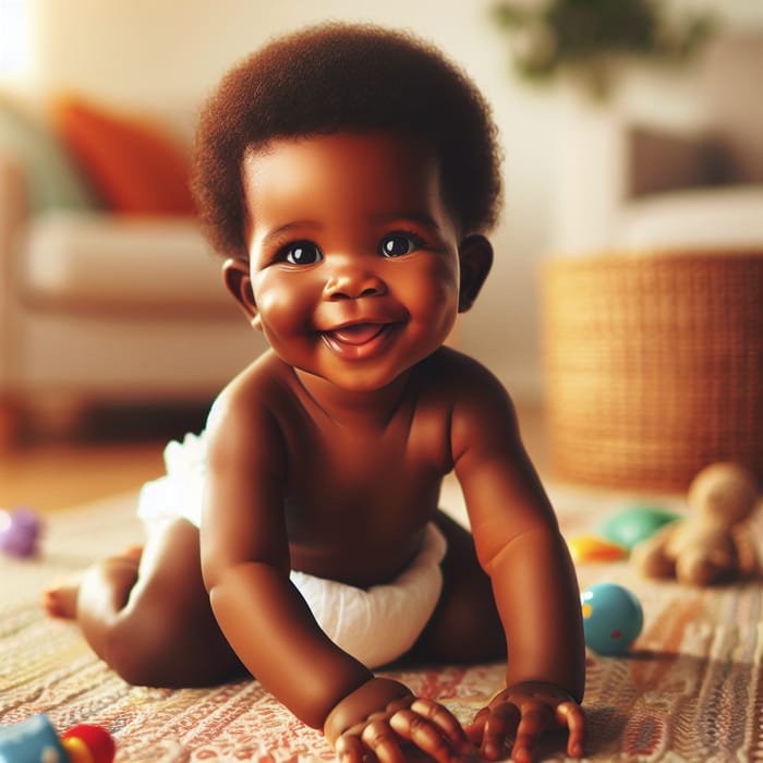 Happy African Baby in Soft White Diaper Playing Joyfully