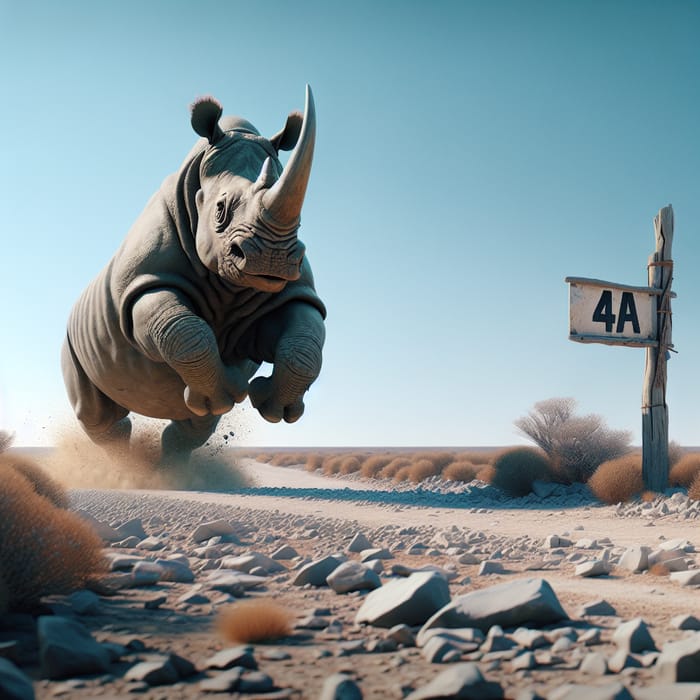 Rhino Charging Towards 4A Sign | Barren Landscape Background