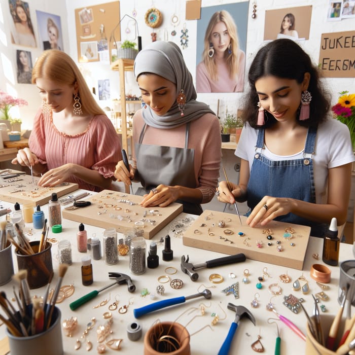 Diverse Women Crafting Unique Earrings in Vibrant Jewelry Studio