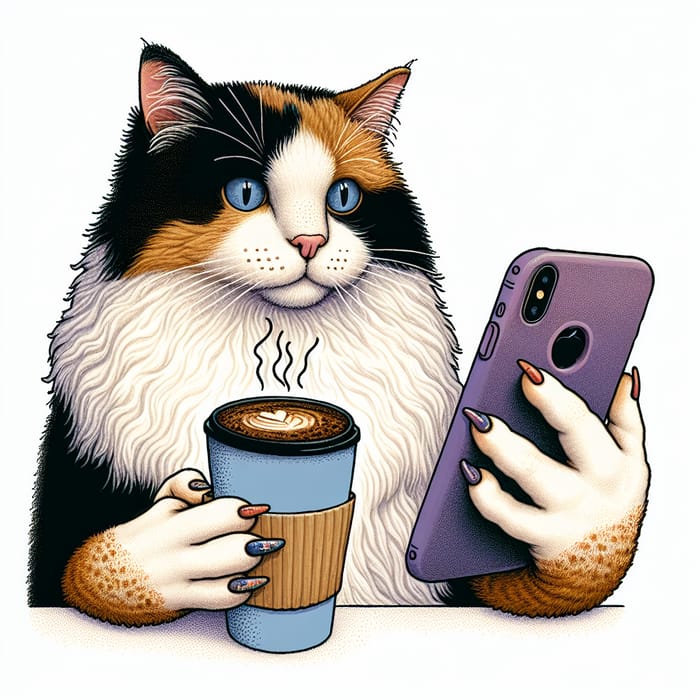 Adorable Cat Enjoying Coffee & Using Phone