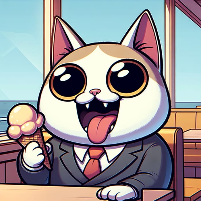 Cartoon Cat President Enjoying Ice Cream - Fun and Humorous Scene