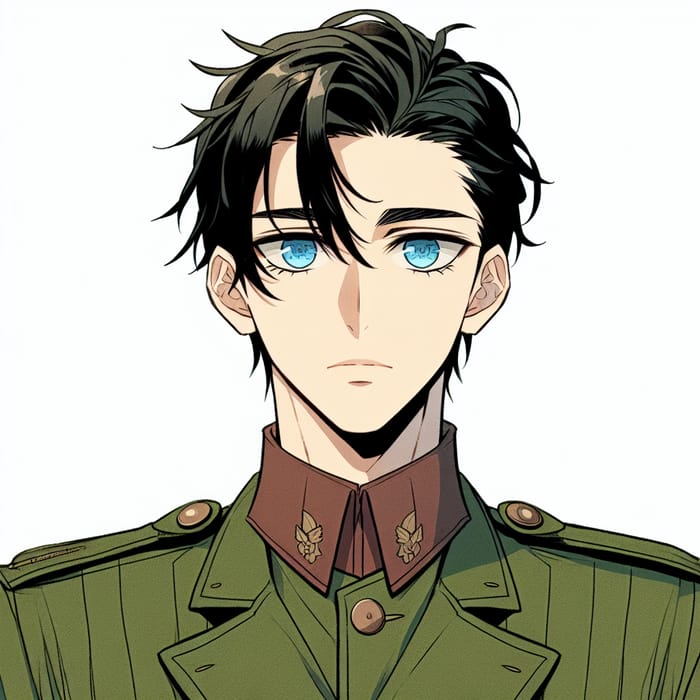 Tall Dark-Haired Male in Green Military Uniform - Titan-Style Manga Character