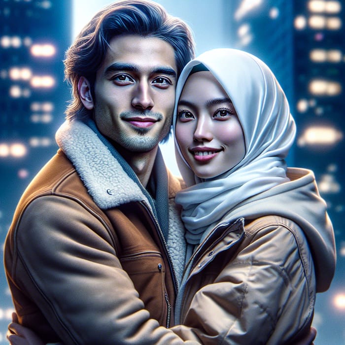 Photorealistic Portrait: Indonesian Couple Embracing in Urban Night Scene