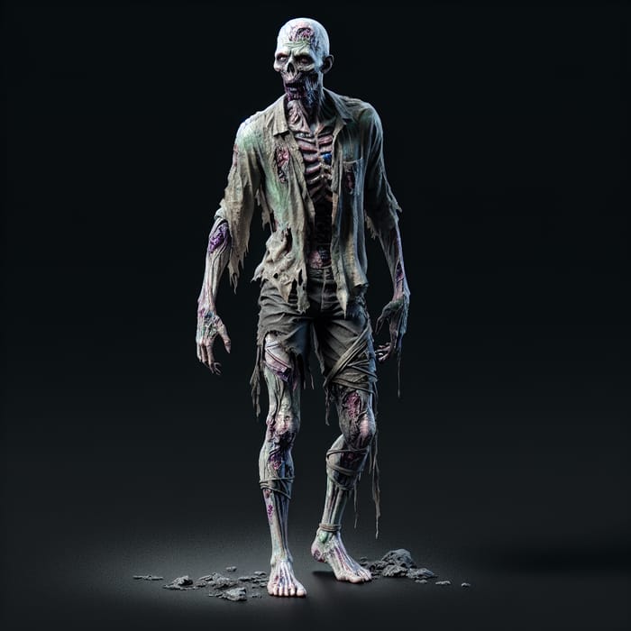 Realistic 3D Zombie with Green Skin, Tattered Clothes, and Intense Thirst for Blood