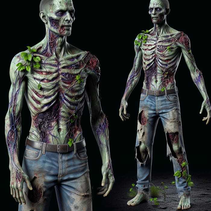 Detailed 3D Skinny Zombie with Veins and Plant Growth