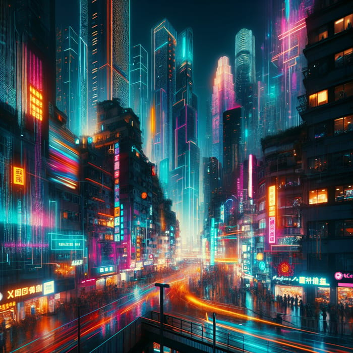Futuristic Cyberpunk Cityscape: Neon Lights, Skyscrapers, and Bustling Streets