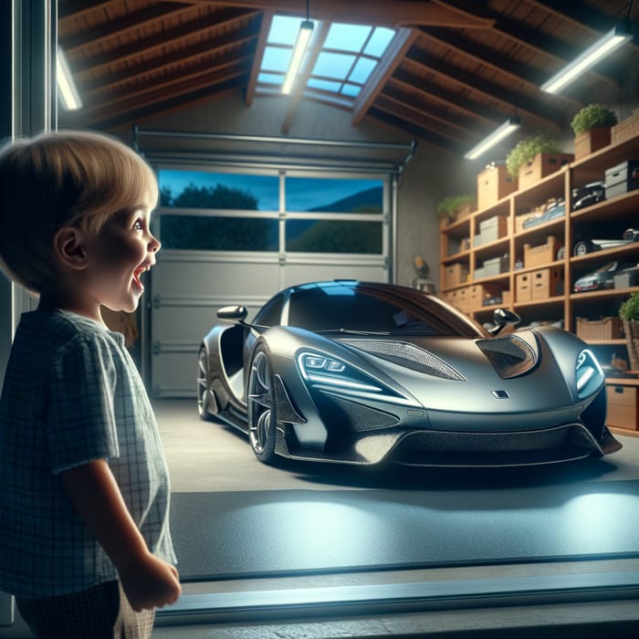Child Admires Porsche Parked in Garage