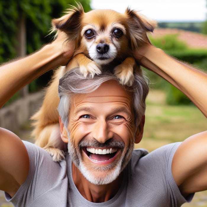 Happy Man Joyfully Balancing Dog on Head
