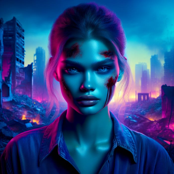20-Year-Old Woman Resembling Megan Fox in Distressed Cityscape with Neon Hues