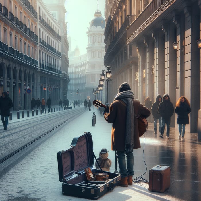 Winter Morning in Madrid City Center - Street Musician Scene