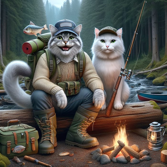 Realistic Grey Tomcat and White Cat Camping in Forest