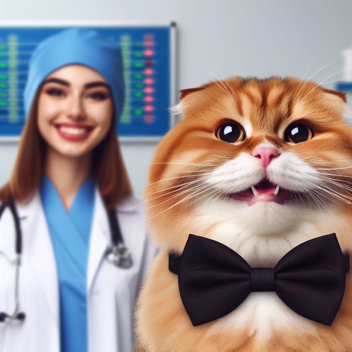 Realistic and Aesthetic Scene: Happy Scottish Fold Cat with Doctor in Hospital