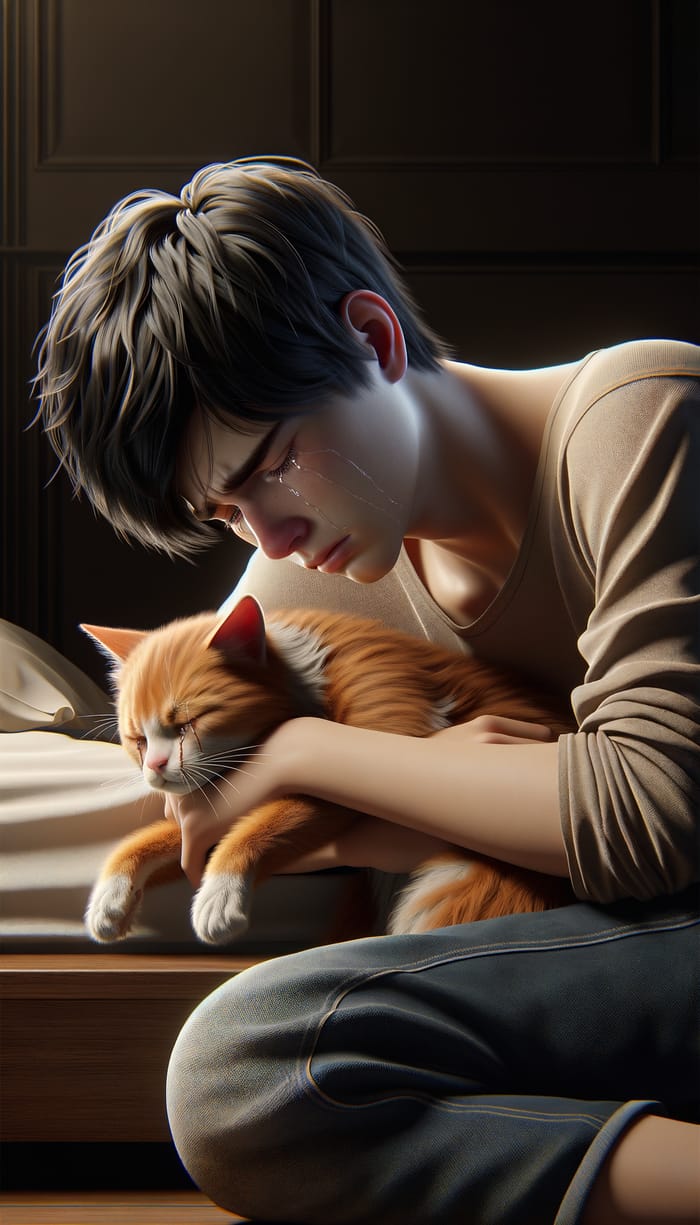 Touching Scene: 17-Year-Old Boy Grieving with Lifeless Cat