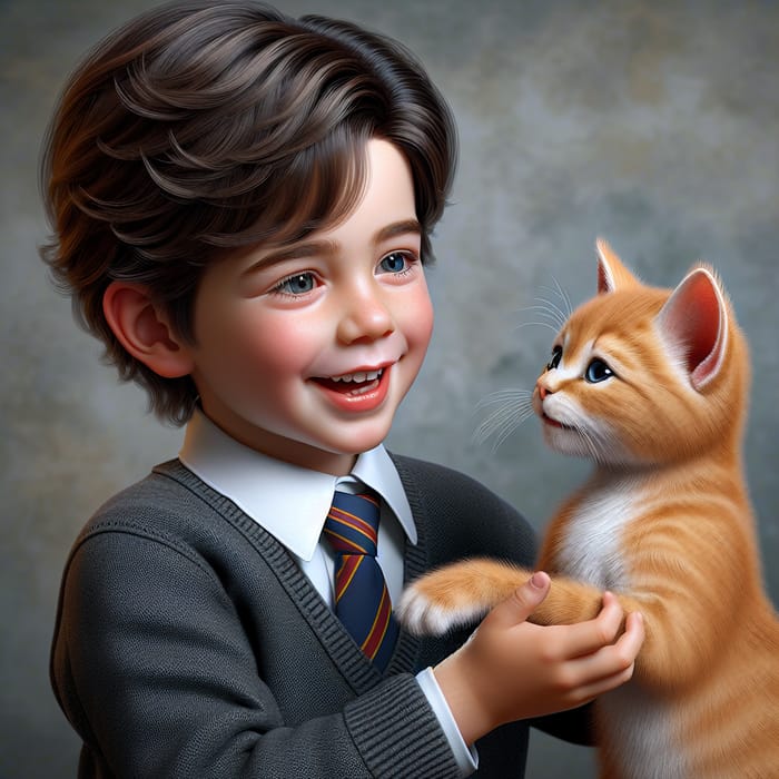 Dark-Haired 8-Year-Old Boy Playing with Ginger Kitten