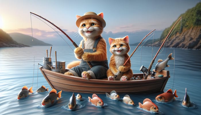 Scottish Cat and Kitten Fishing at Sea: Realism and Charm in Delightful Adventure