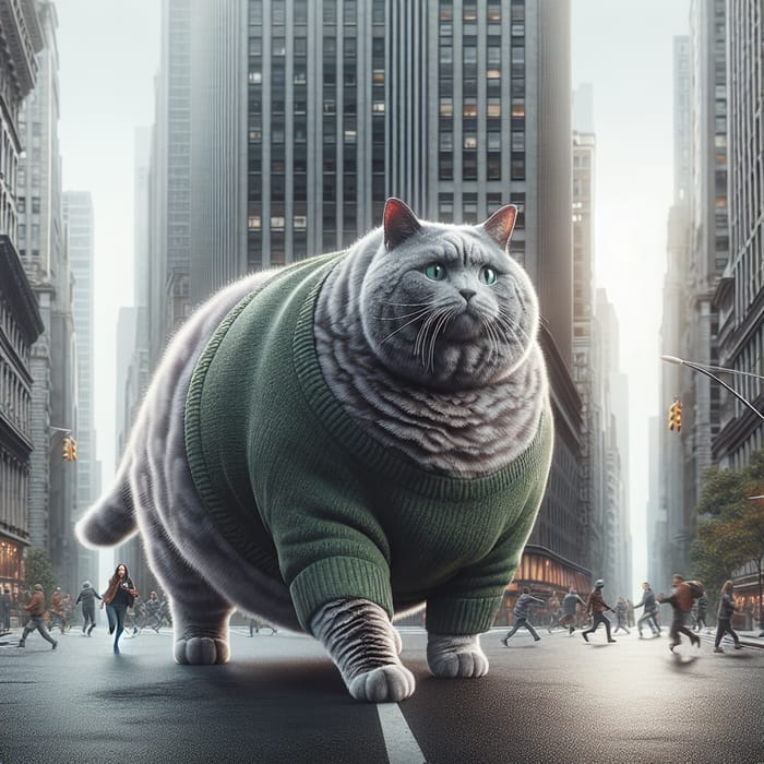 Massively Overweight Grey British Cat in Realistic City Setting - Hyperrealistic Photo