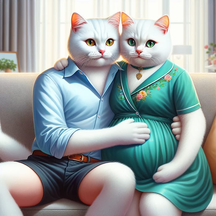 Realistic Scene of Pregnant White Cat Embraced by Scottish Partner