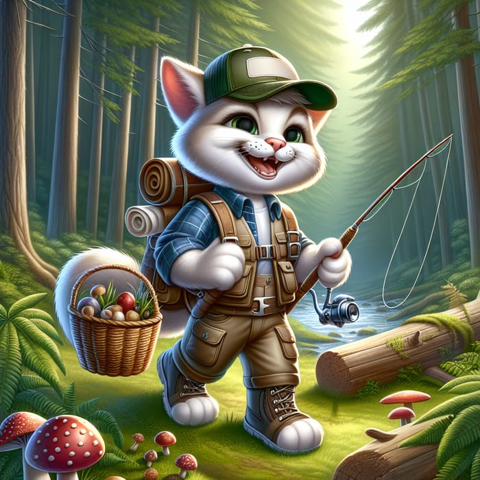 Realistic Cartoon Cat in Hiking Gear Collecting Mushrooms and Berries