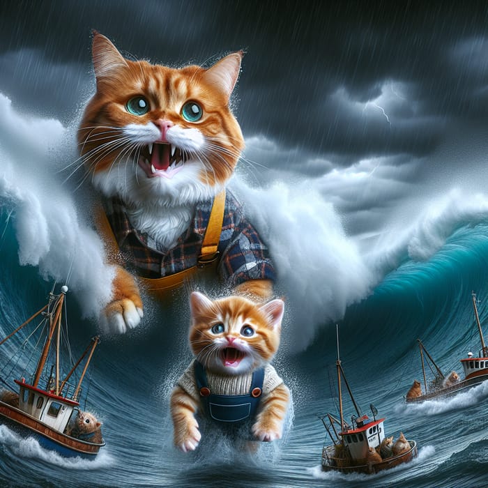 Adorable Scottish Redhead Cat and Kitten Overwhelmed by Sea Wave