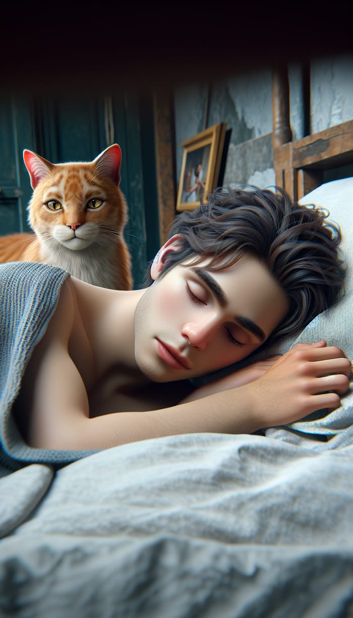 Realistic Image of Sleeping 15-Year-Old Boy and Ginger Cat