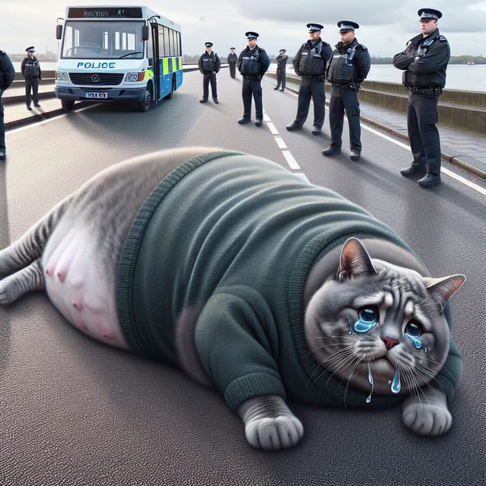 Realistic Grey British Cat in Green Sweater Crying on Road with Police