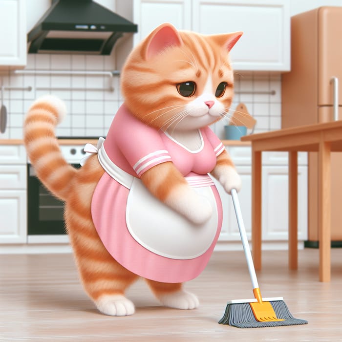 Adorable Pregnant Ginger British Shorthair Cat Cleaning Floor in Kitchen