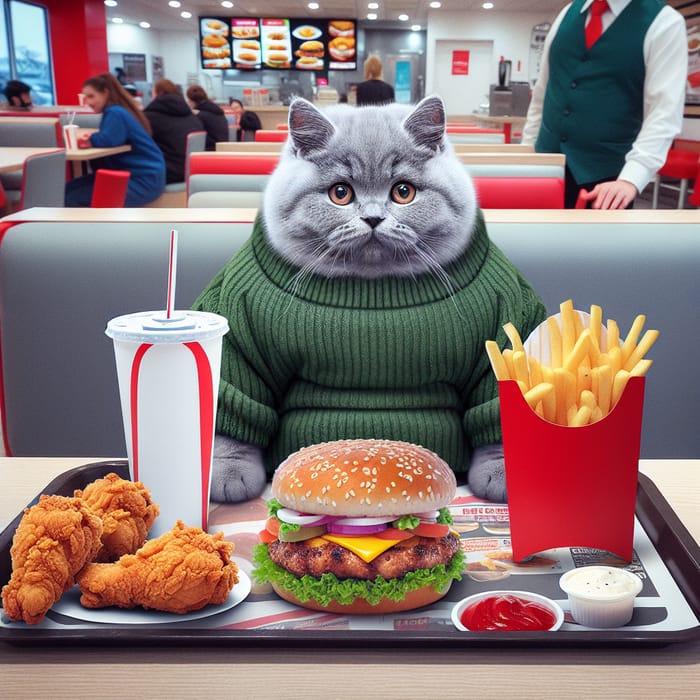 Very Fat Grey British Kitten Eating in Realistic Scene