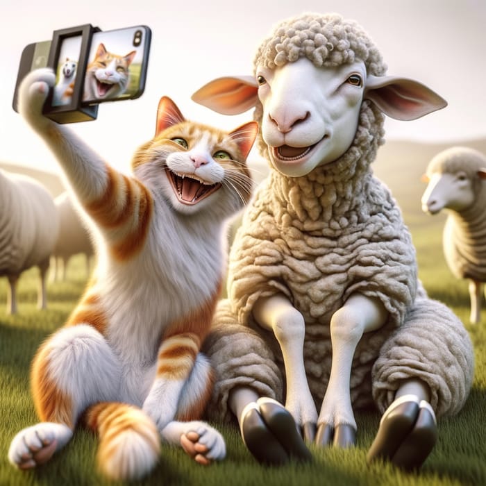 Realistic Cat and Sheep Selfie Outdoors | High Resolution Photography